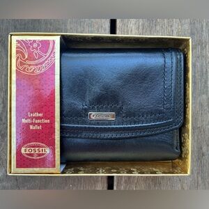Vintage Y2K Fossil Tri Fold Wallet Black Genuine Leather Glazed Flap Multi Snap